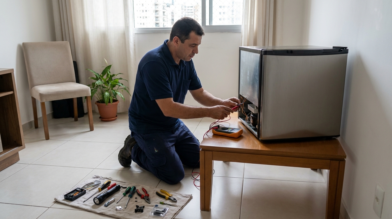 Técnico revisando o motor de um frigobar em Americana‑SP